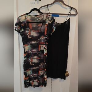 Stretchy sheer abstract print dress w/ slip | Medium